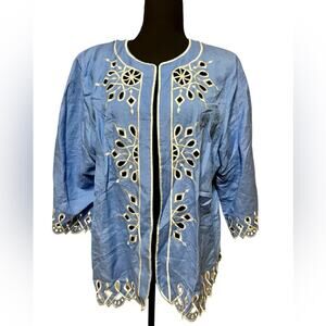Bob Mackie Wearable Art blue linen blend cut-out cardigan acket